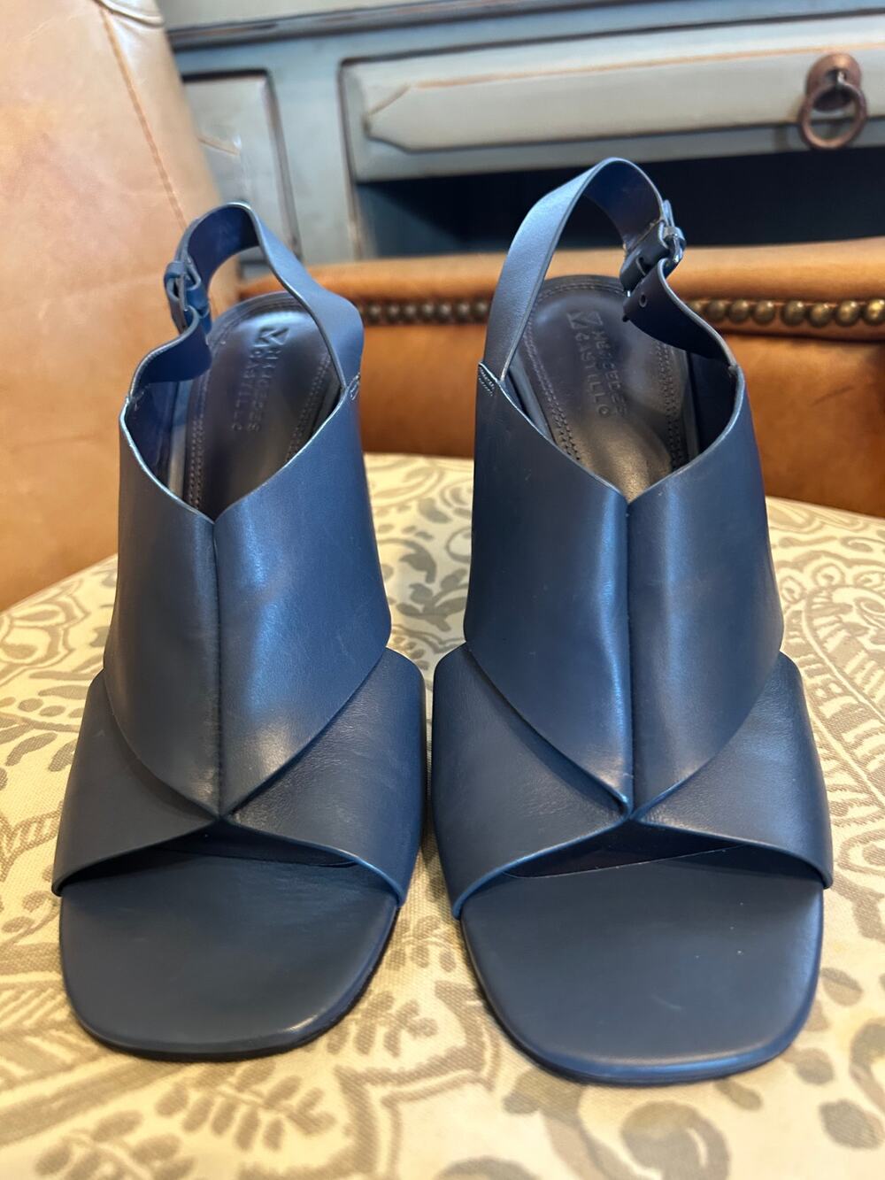 Mercedes Castillo Cobalt Leather Block Slingback Sandals